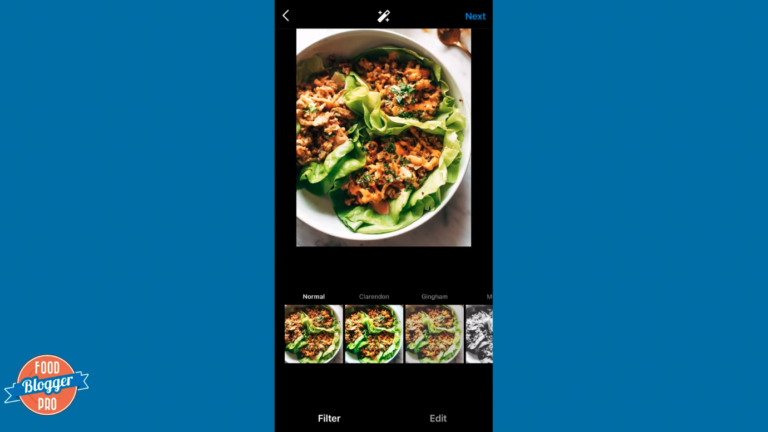 Blue slide with Food Blogger Pro logo with a screenshot of posting a photo in Instagram