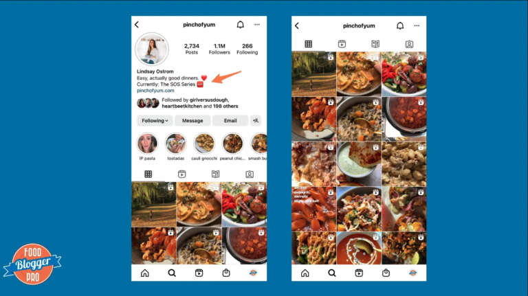 Blue slide with Food Blogger Pro logo with two screenshots of the Pinch of Yum Instagram account