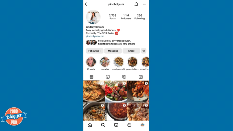 Blue slide with Food Blogger Pro logo with a screenshot of the Pinch of Yum Instagram account