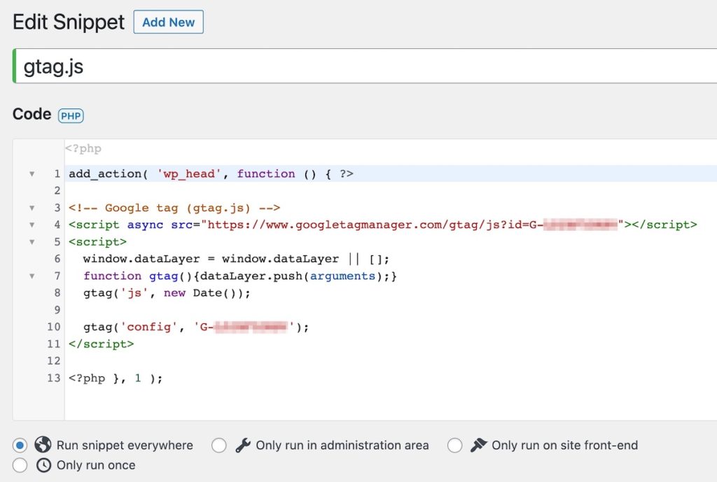 the gtag.js code in the Code Snippet plugin on WordPress