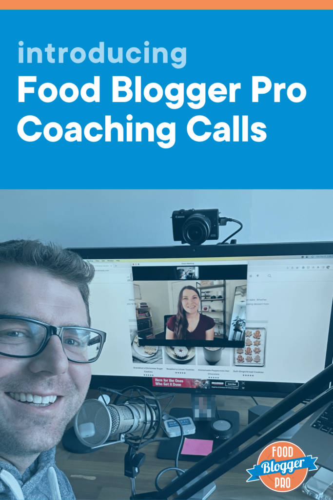 Selfie of Bjork conducting a Coaching Call, with the text "introducing Food Blogger Pro Coaching Calls" at the top of the photo.