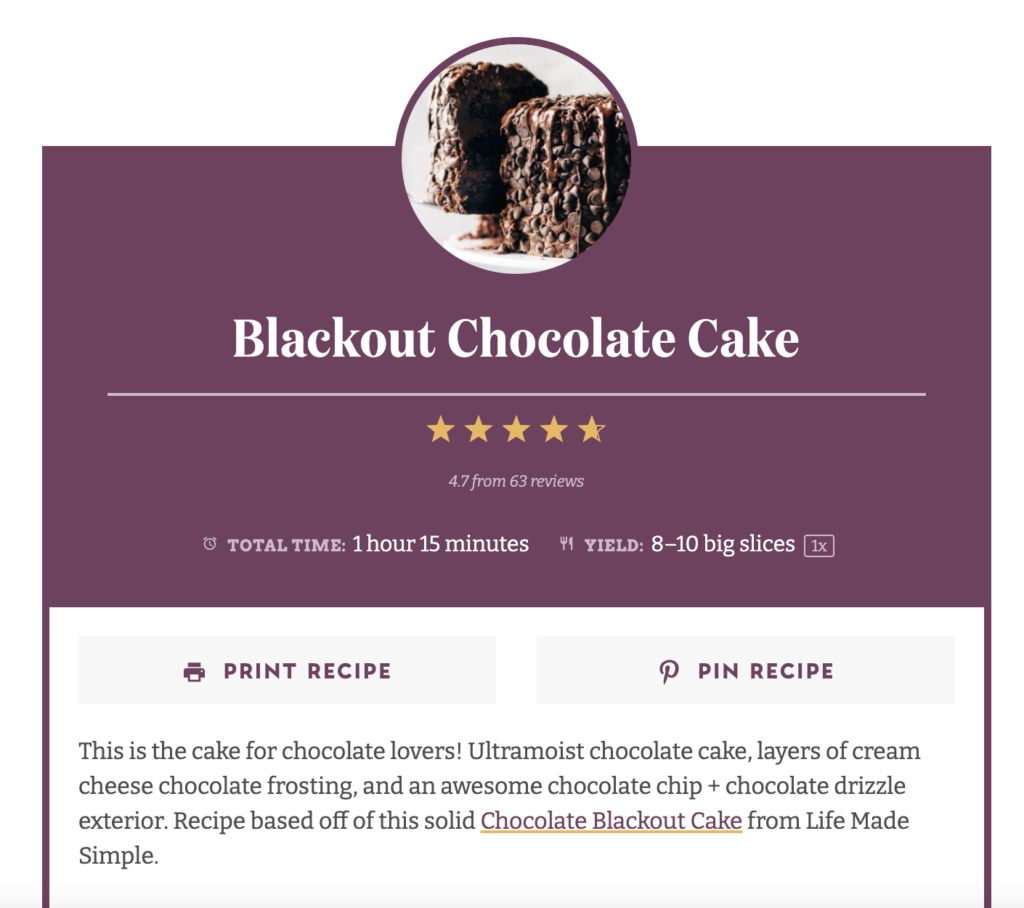 Blackout Chocolate Cake recipe card on Pinch of Yum