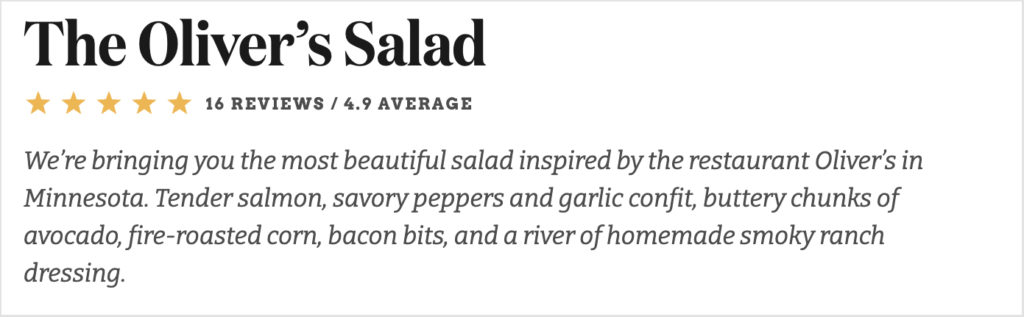 The recipe card for Oliver's Salad with the recipe attribution.