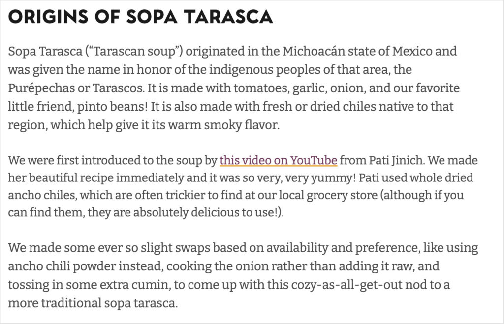 A paragraph about the origins of sopa tarasca as an example of recipe attribution. 