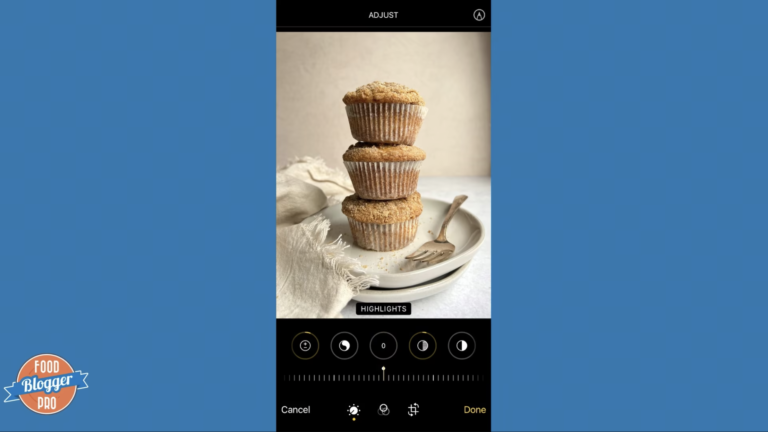 Blue slide with Food Blogger Pro logo with a screenshot of editing a photo within the iPhone photos app