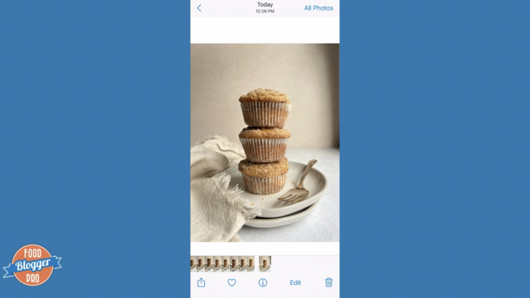 Blue slide with Food Blogger Pro logo that has a screenshot of a muffin photo taken with an iPhone