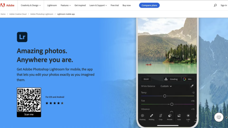 The Adobe Lightroom mobile app homepage