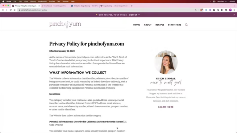 a screenshot of the Pinch of Yum Privacy Policy page