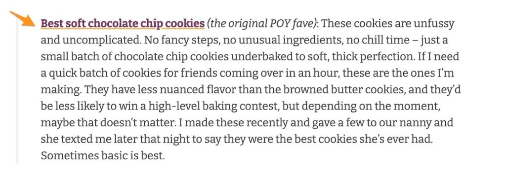 an example of a descriptive link text for a Chocolate Chip Cookie recipe