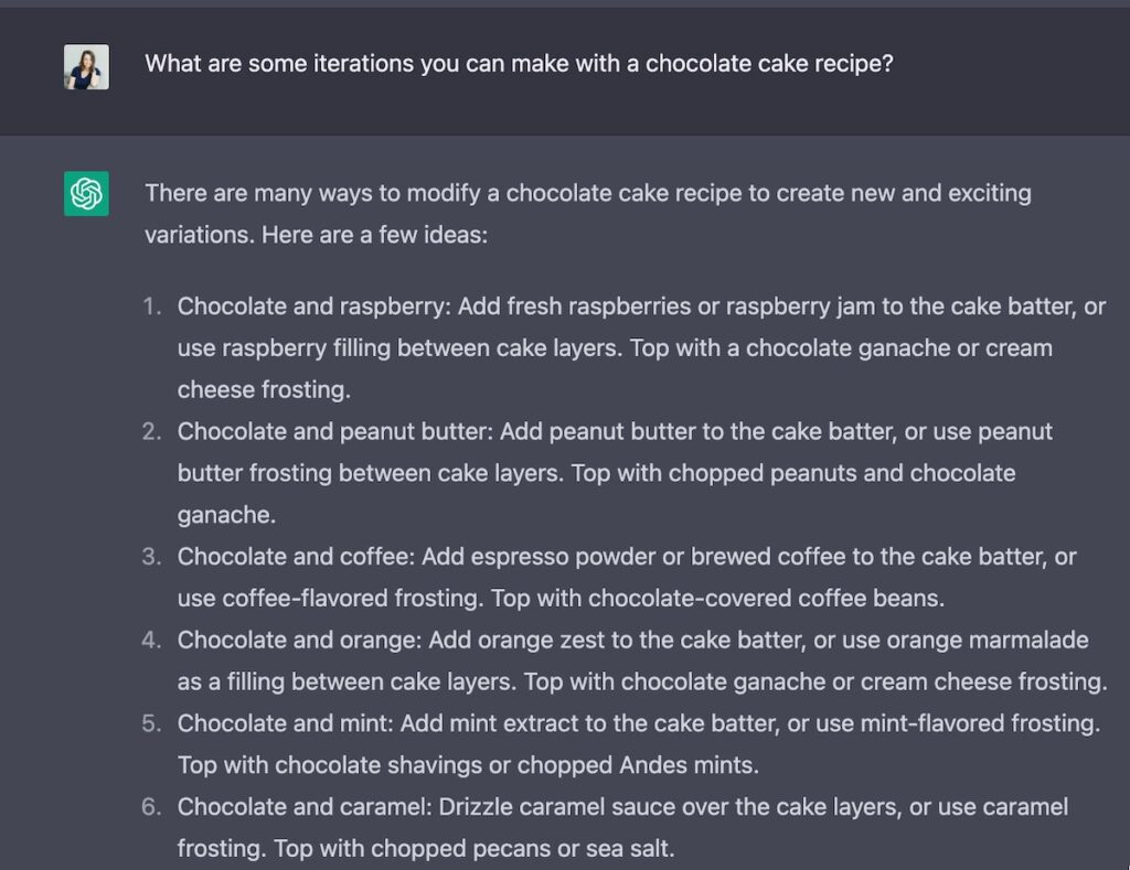 A screenshot from ChatGPT, asking it how to iterate on a basic chocolate cake recipe