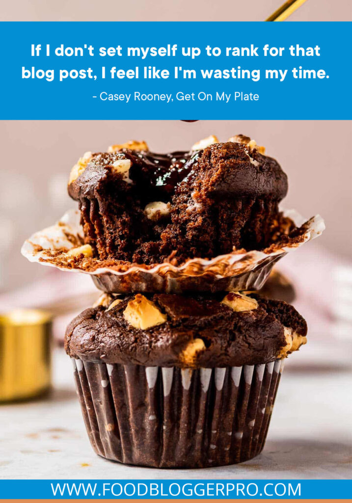 A photograph of a stack of chocolate muffins with a quote from Casey Rooney's episode of The Food Blogger Pro Podcast: "If I don't set myself up to rank for that blog post, I feel like I'm wasting my time."