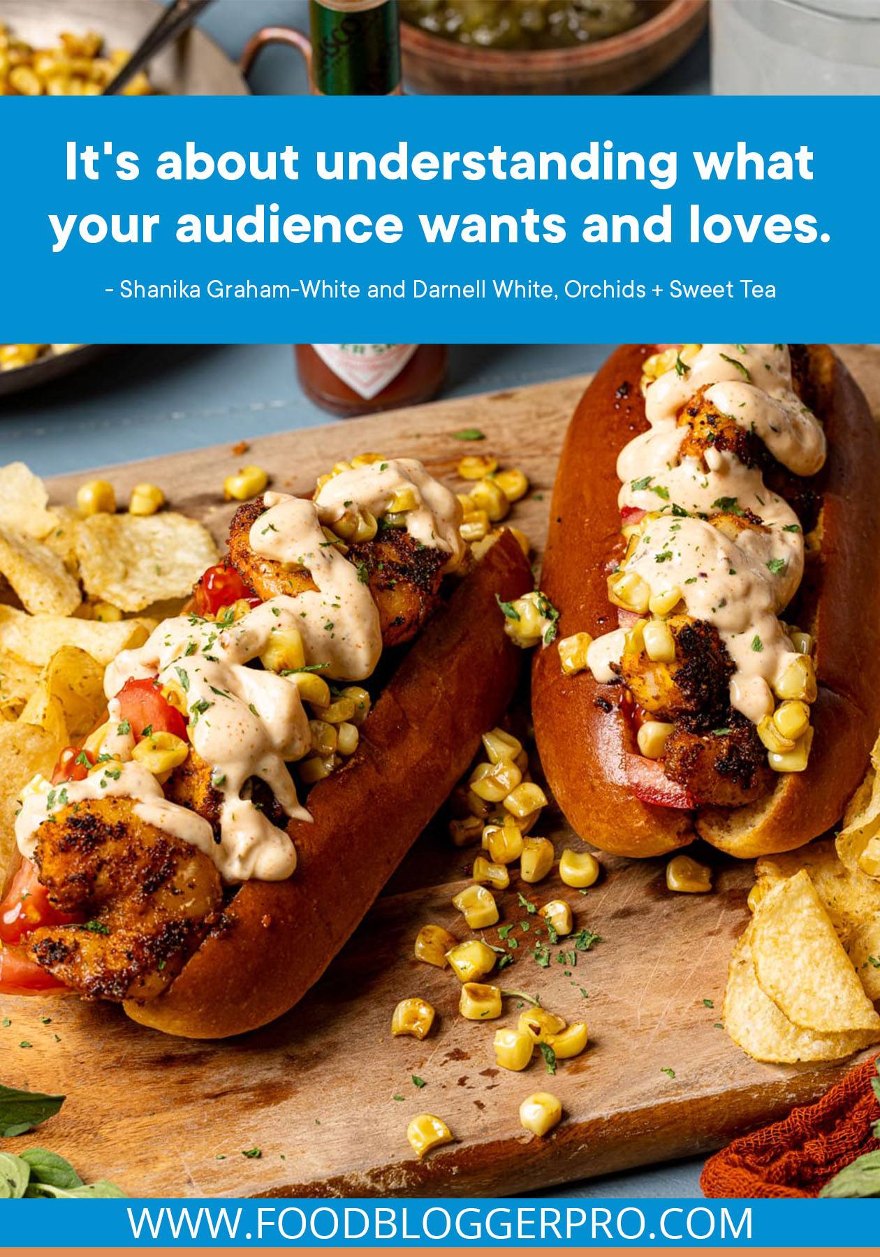A photograph of shrimp po' boys with a quote from Shanika Graham-White and Darnell White's episode of The Food Blogger Pro Podcast: "It's about understanding what your audience wants and loves."