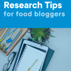 a photo of an iPad, notebook, glasses, pencil, and plant and the title of this blog post '6 Keyword Research Tips for Food Bloggers'