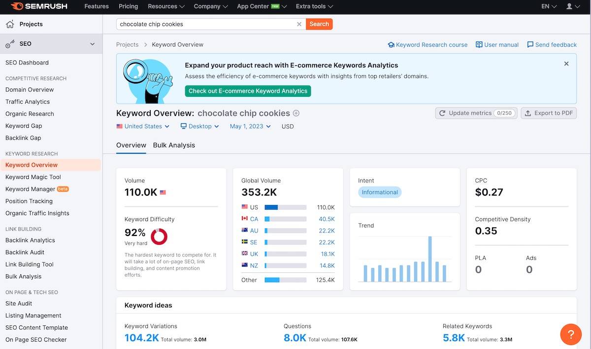 the Semrush Keyword Overview page for a chocolate chip cookies search