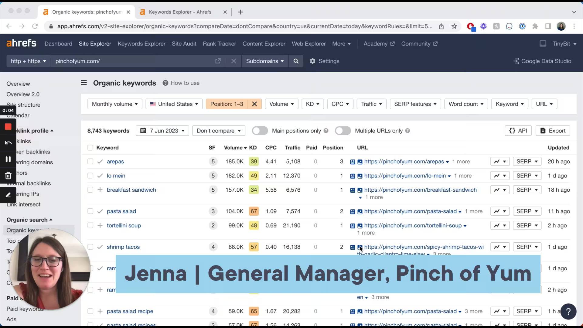 Jenna in a circle in front of the Ahrefs keyword explorer page