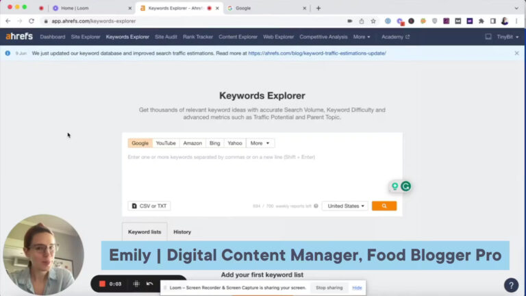 Emily in a circle in front of the Keyword Explorer on Ahrefs