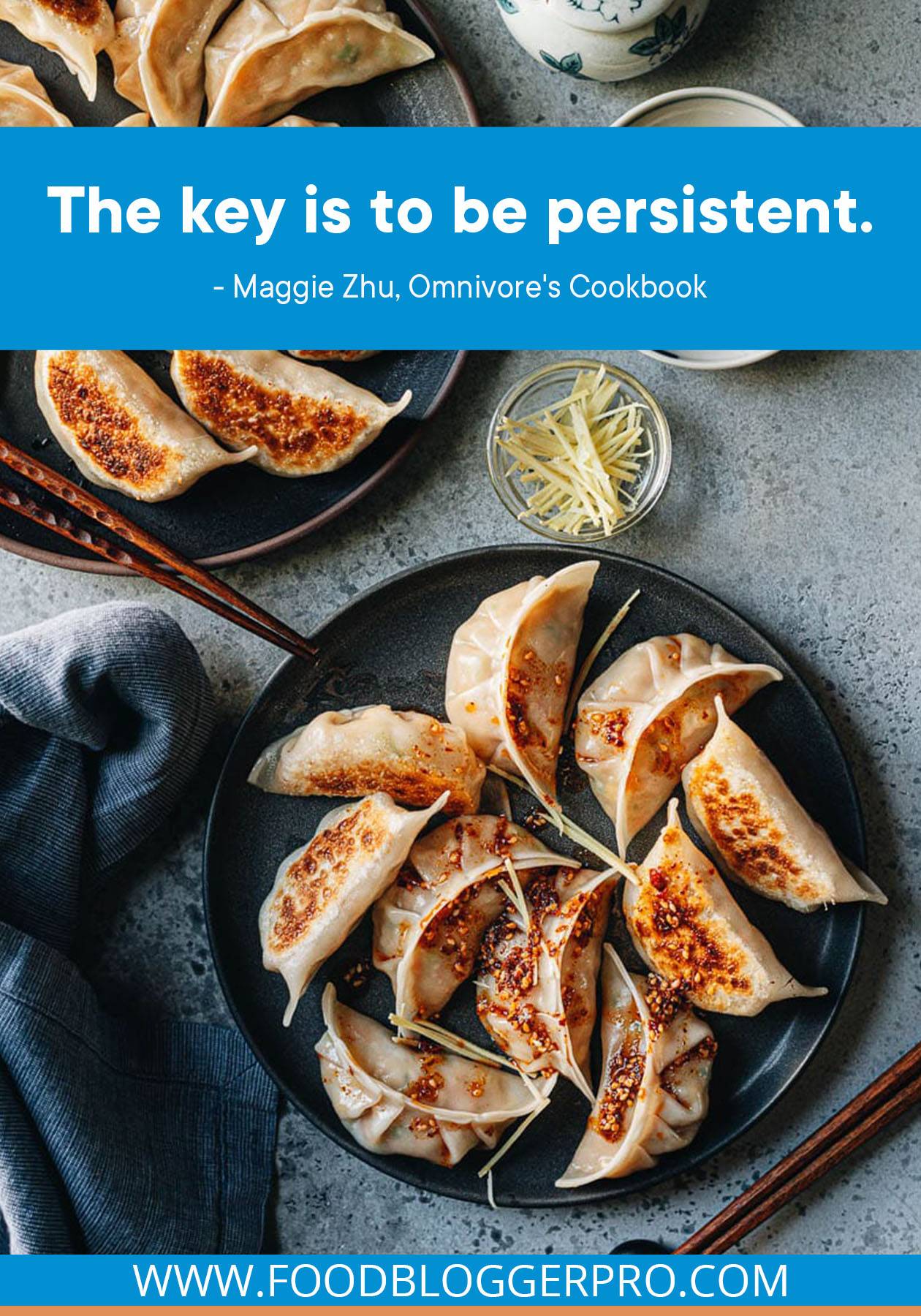 A photograph of Chinese Chicken Dumplings on a plate with a quote from Maggie Zhu's episode of The Food Blogger Pro Podcast, "The key is to be persistent."