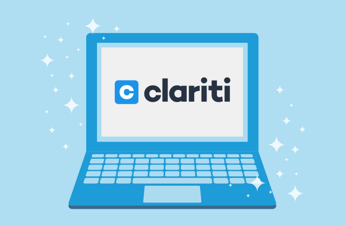 the clariti logo on a drawn computer on a blue background