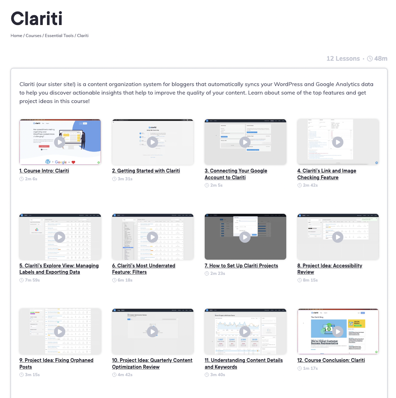 A screenshot of the Clariti course on Food Blogger Pro.