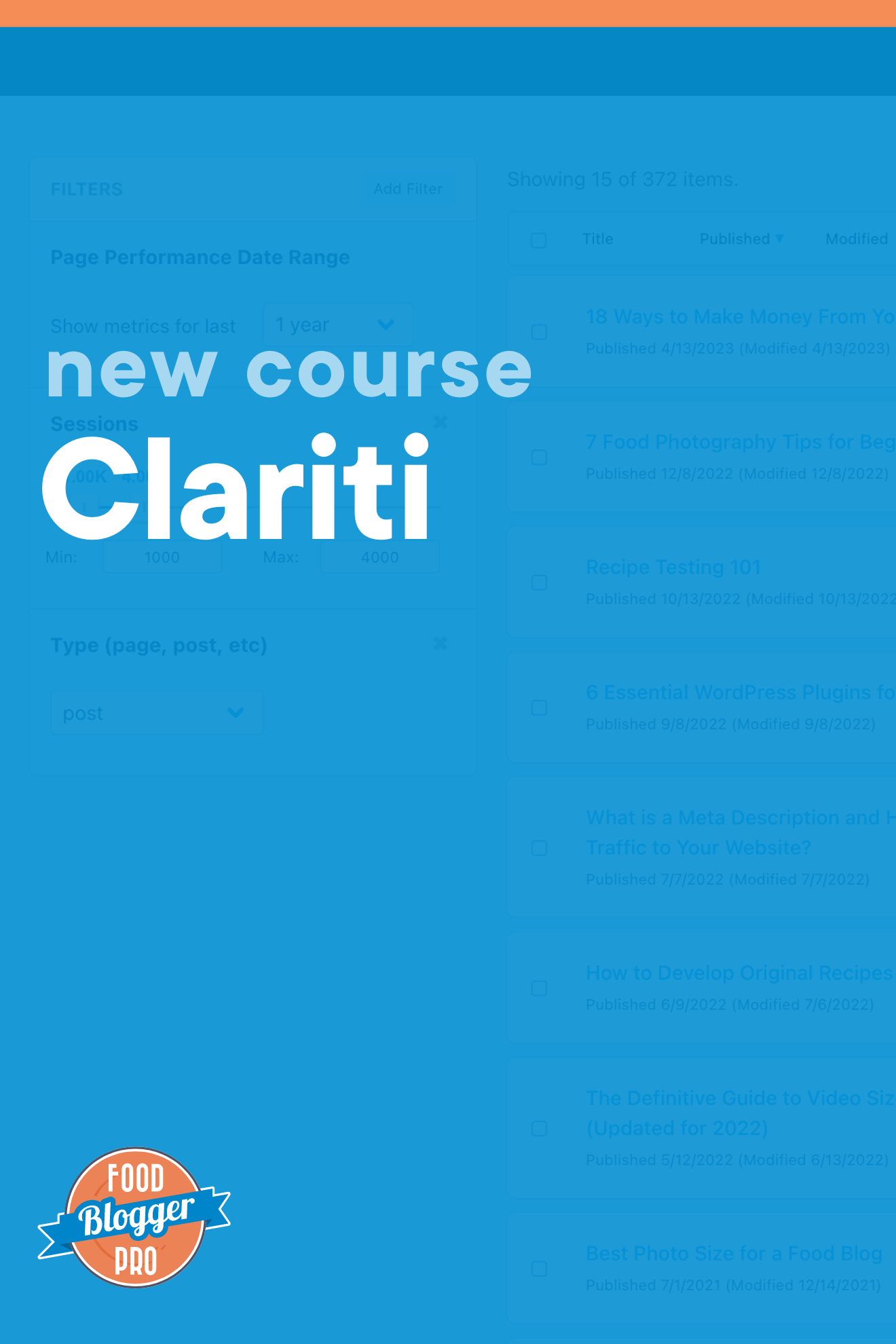 A blue image with a screenshot of the Clariti dashboard that reads "new course: Clariti." 