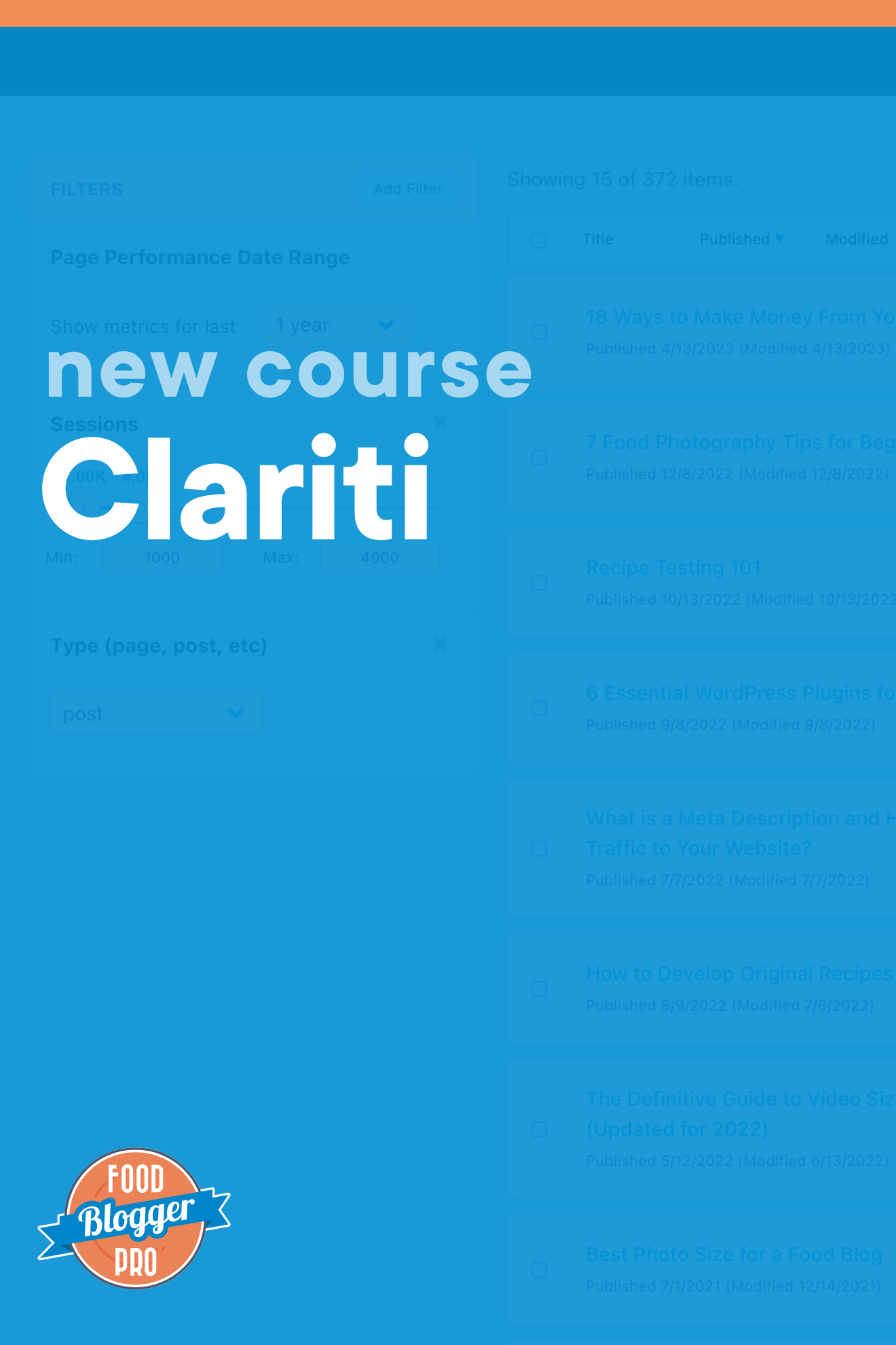 A blue image with a screenshot of the Clariti dashboard that reads "new course: Clariti."