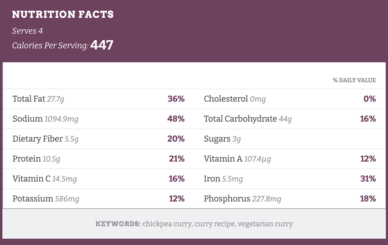 A nutrition facts label created by Nutrifox.