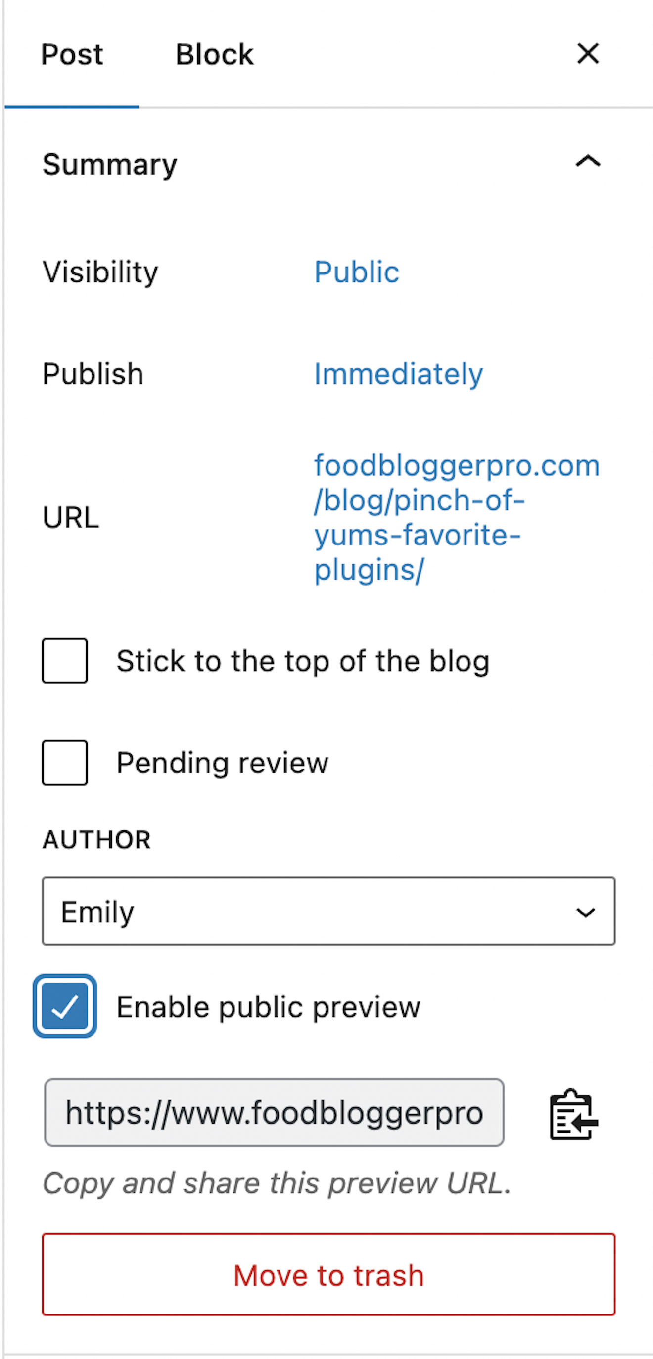 The "enable public preview" button on WordPress.