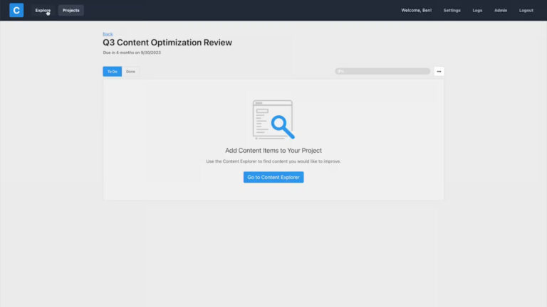 an empty Q3 content optimization review project on Clariti