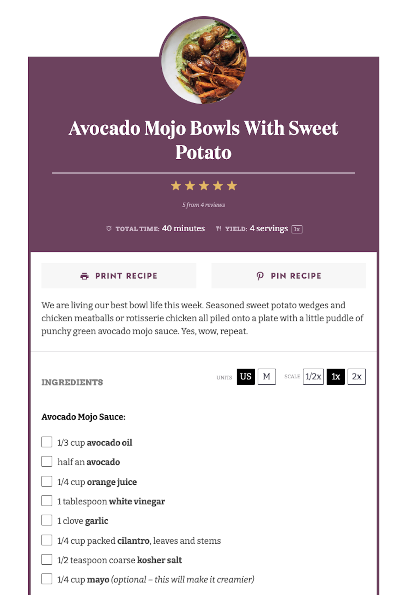 The Tasty Recipes recipe card for Avocado Mojo Bowls With Sweet Potato on Pinch of Yum.