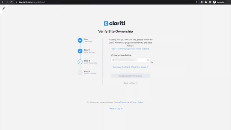 the site verification page on Clariti