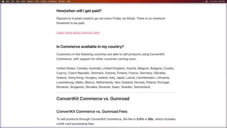 ConvertKit support page showing where ConvertKit Commerce is available
