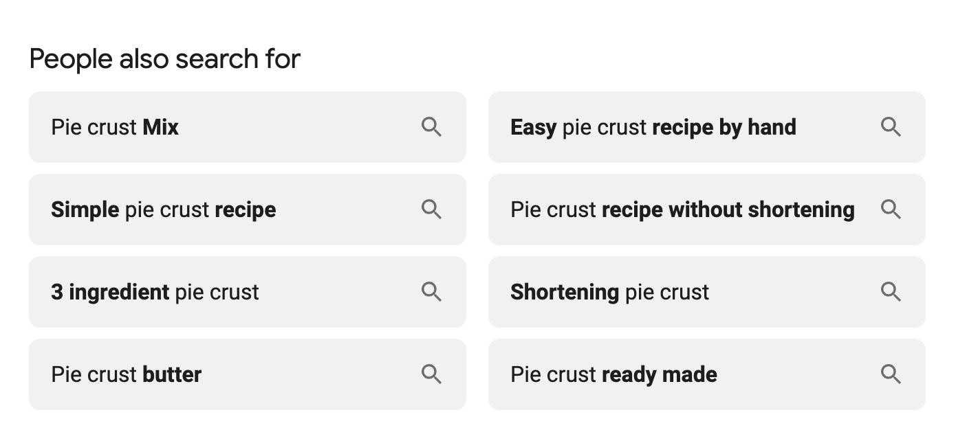 Related Google searches for pie crust.