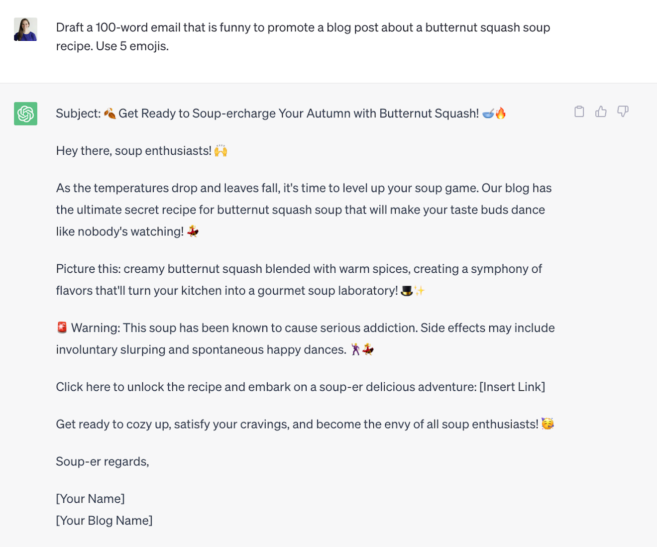 A screenshot of a ChatGPT conversation with the prompt: "Draft a 100-word email that is funny to promote a blog post about a butternut squash soup recipe. Use 5 emojis."