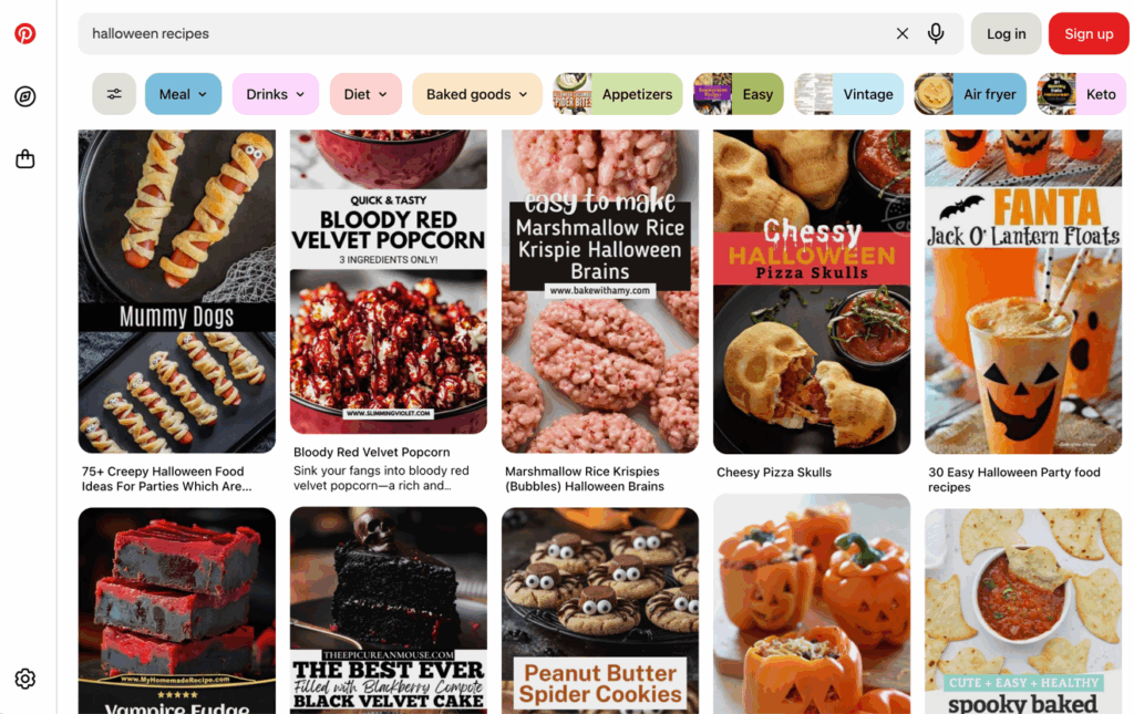 Pinterest search results for Halloween recipes.