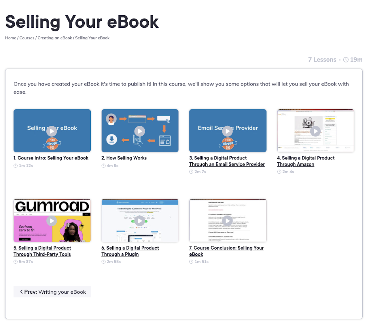 Screenshot of the Selling Your eBook course on Food Blogger Pro.