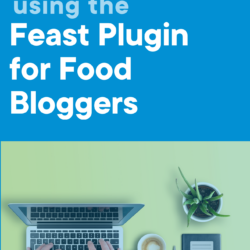 Hands typing on a laptop with the title of this blog post, '3 Advantages of using the feast plugin for food bloggers'