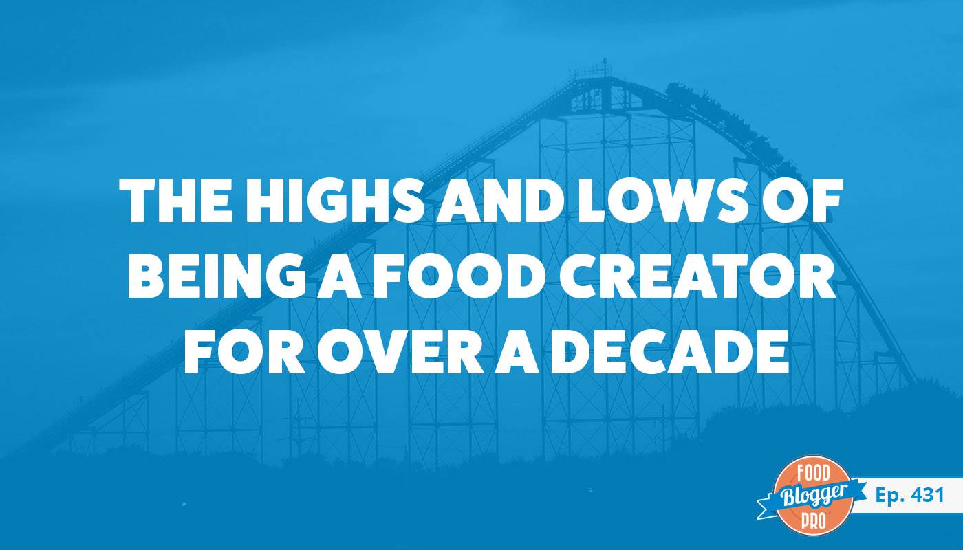 A blue photograph of a roller coaster with the title of Lauren Toyota's episode on The Food Blogger Pro Podcast, 'The Highs and Lows of Being a Food Creator for Over a Decade.'