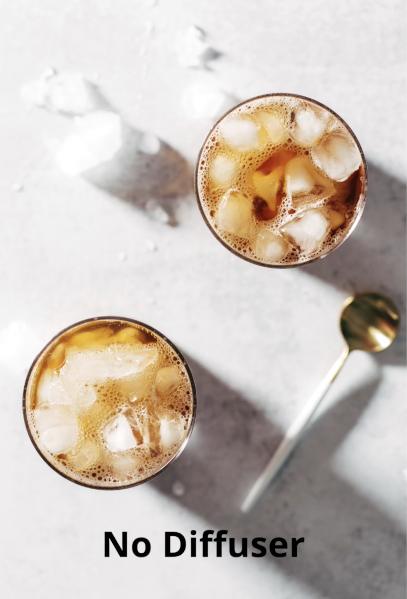 A photograph of two cups of iced coffee without using a diffuser.