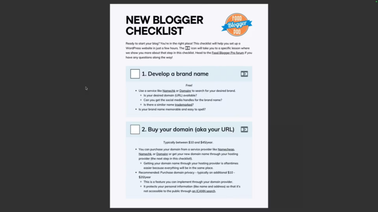 The first page of Food Blogger Pro's New Blogger Checklist