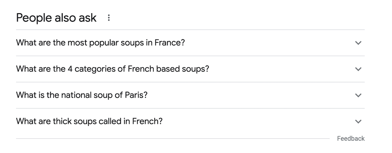 Google's 'People also ask' section results for the 'French soup recipe' query.
