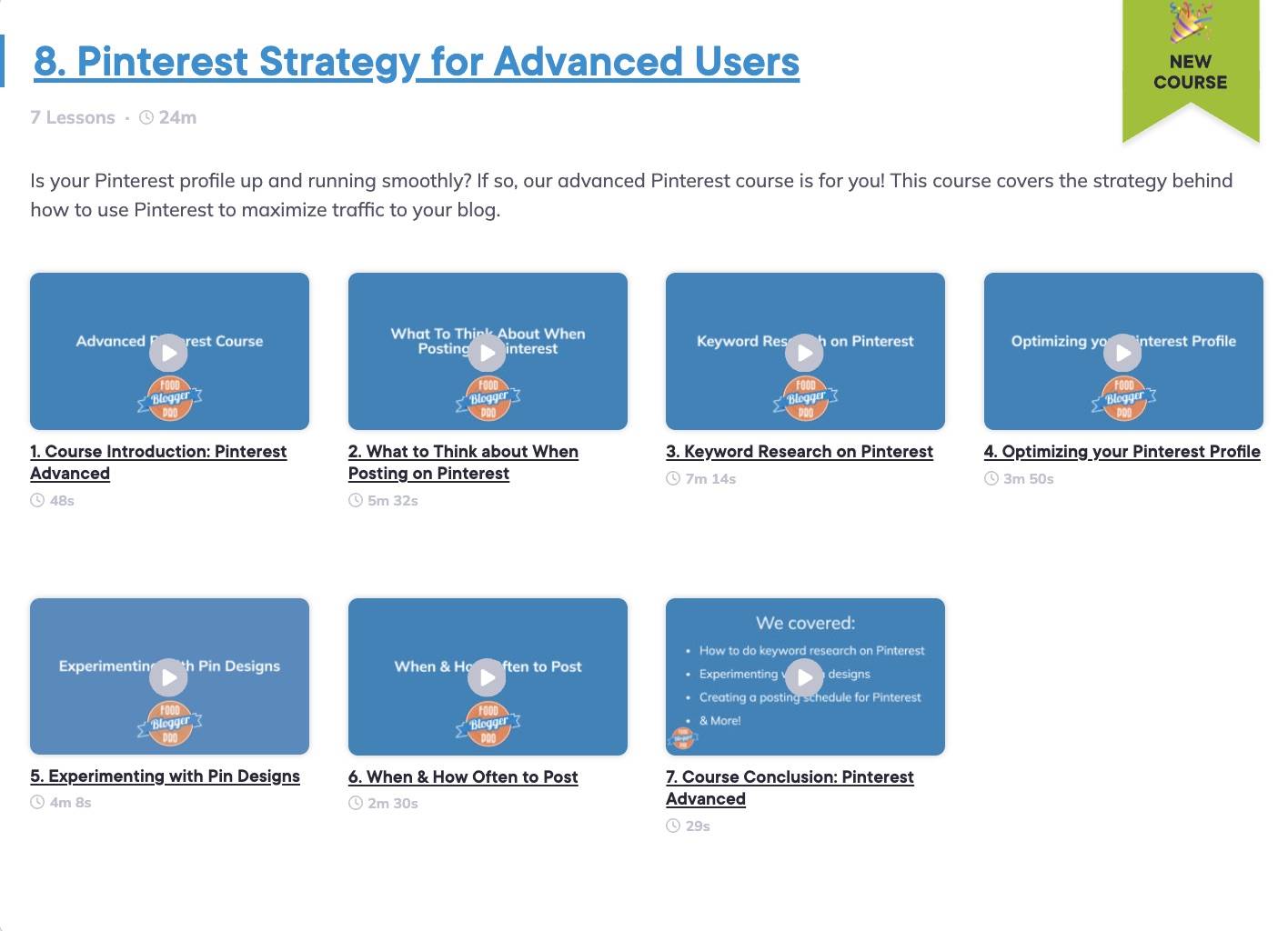 Overview of Pinterest Strategy for Advanced Users course that shows the individual lessons.