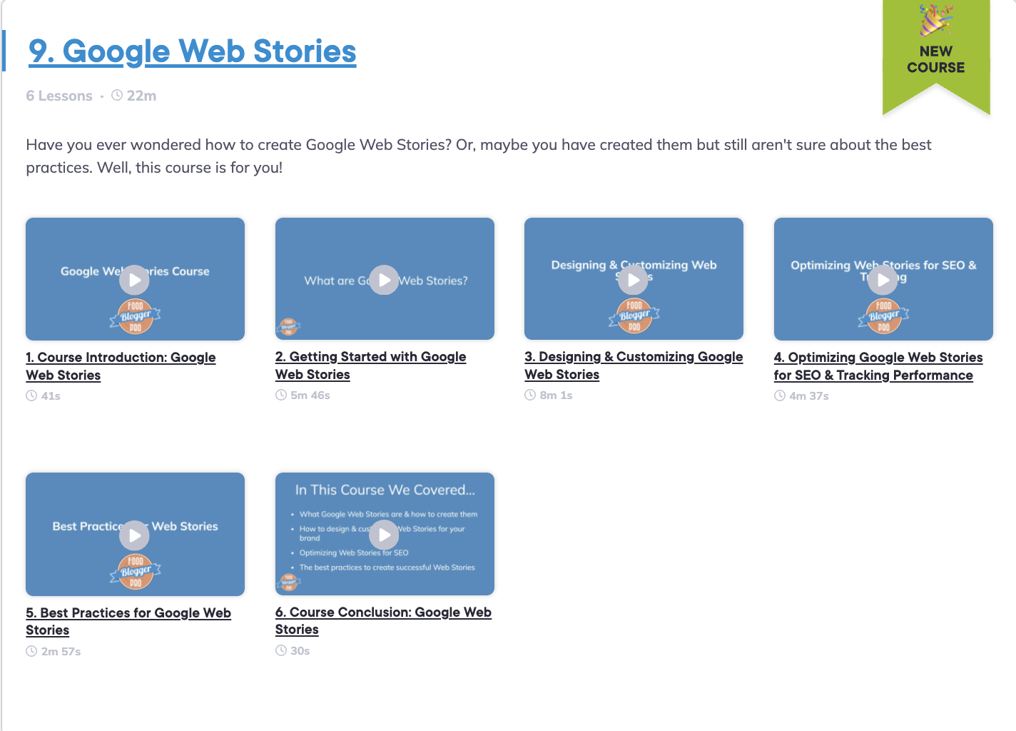 Overview of Google Web Stories course that shows the individual lessons.