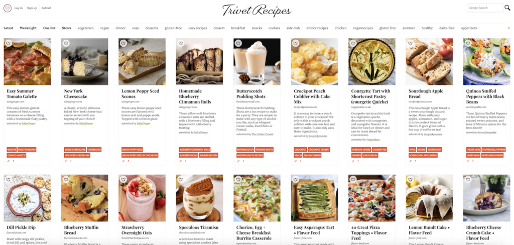 Screenshot of the Trivet Recipes homepage. 