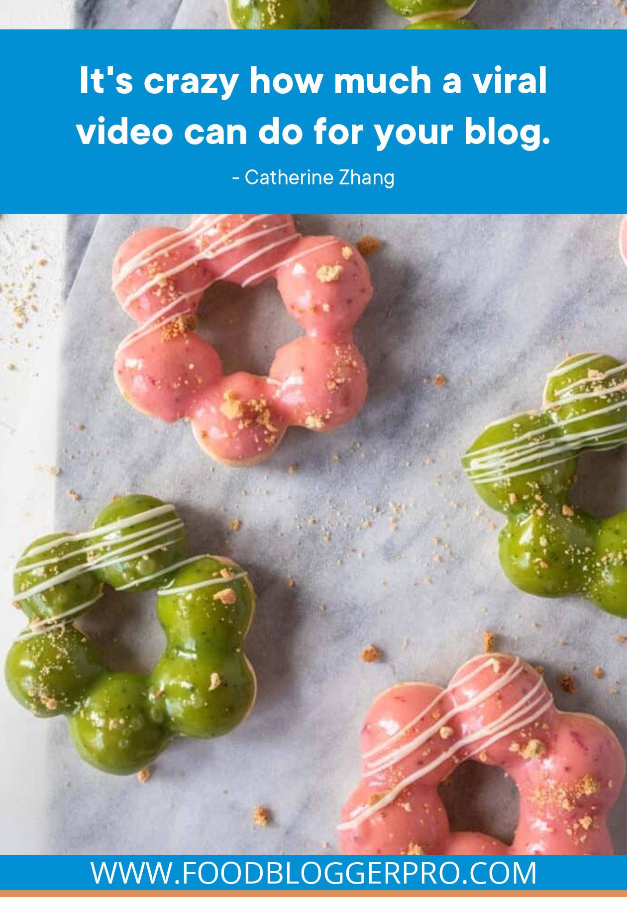 A photograph of Baked Mochi Donuts with a quote from Catherine Zhang's episode of The Food Blogger Pro Podcast that reads, "It's crazy how much a viral video can do for your blog."