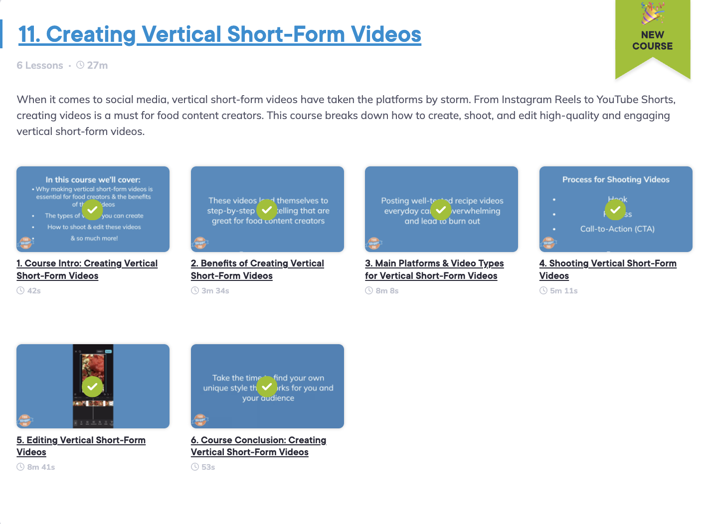 Overview of the Vertical Short-Form Video course, showcasing the lessons