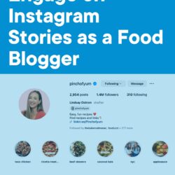 'How to Engage on Instagram Stories as a Food Blogger' Text overlaid on a blue background with an image of an IG profile below