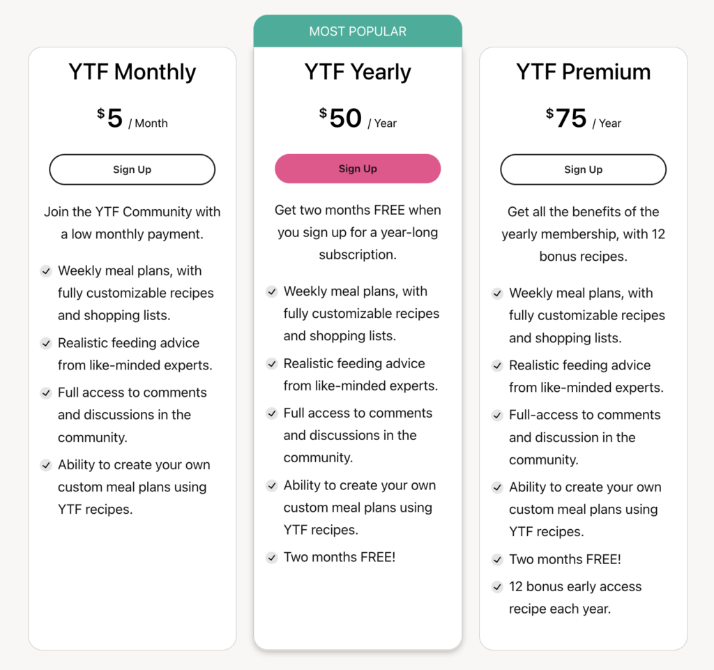 A screenshot of the Yummy Toddler Food meal plan subscription tiers.