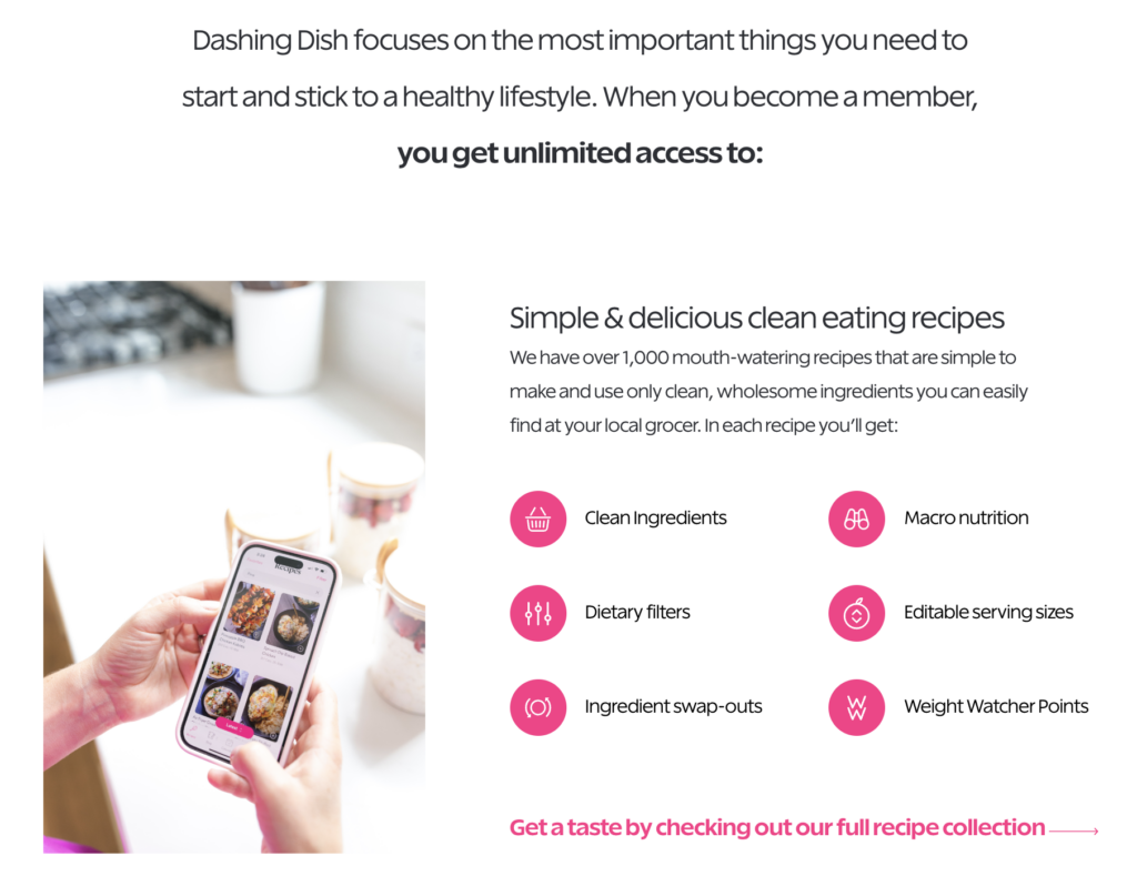 A screenshot of the Dashing Dish membership description.