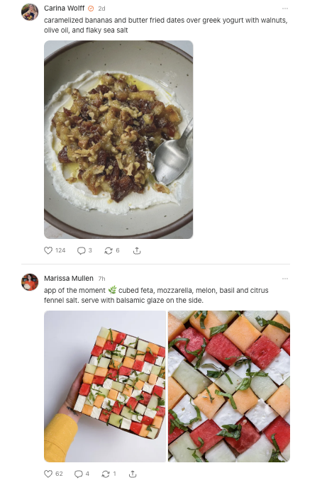 A screenshot of the notes feed in Substack featuring two notes, one of a caramelized banana and dates recipe and another of an appetizer with feta and melon.
