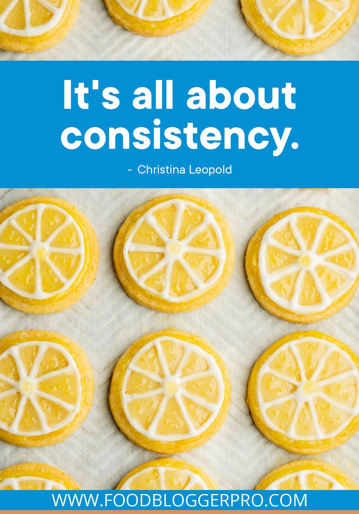 A photograph of iced lemon curd sugar cookies with a quote from Christina Leopold's episode of The Food Blogger Pro Podcast that reads: "It's all about consistency."